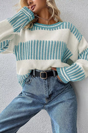 Two Tone Striped Patchwork Drop-Shoulder Relaxed Sweater