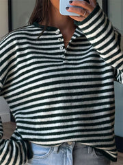 Button Detail Drop-Shoulder Striped Sweater