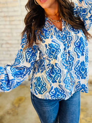 Printed Tie Split Neck Button-Front Puff Sleeve Shirt