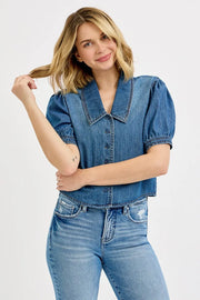 RISEN Button-Down Puff Sleeve Crop Denim Shirt