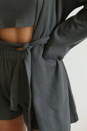 Waffle-Knit Round-Neck Tee, Open-Front Cardigan and Shorts Set