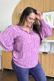Printed Smocked Long-Sleeve Blouse - Plus Size