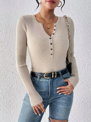Rib-Knit Button-Front Knit Top