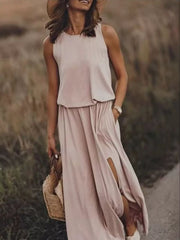 Round-Neck Sleeveless Slit Maxi Dress - Plus Size