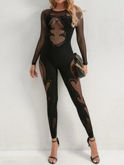 Fishing Net Sheer Long-Sleeve Jumpsuit