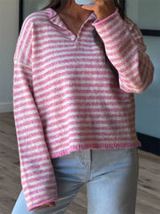 Button Detail Drop-Shoulder Striped Sweater