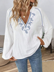Paisley Pattern Notched Long-Sleeve Blouse