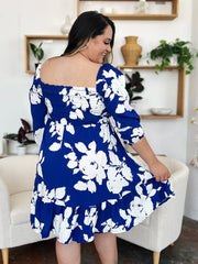Floral Ruffle Hem Smocked Dress Pocketed - Plus Size