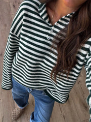 Button Detail Drop-Shoulder Striped Sweater