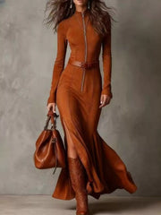 Zipper Front Long-Sleeve Slit Maxi Dress - Plus Size