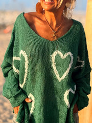 Heart V-Neck Drop-Shoulder Sweater
