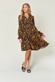 Double Take Full Size Printed Ruffle Hem Long Sleeve Dress Plus Size
