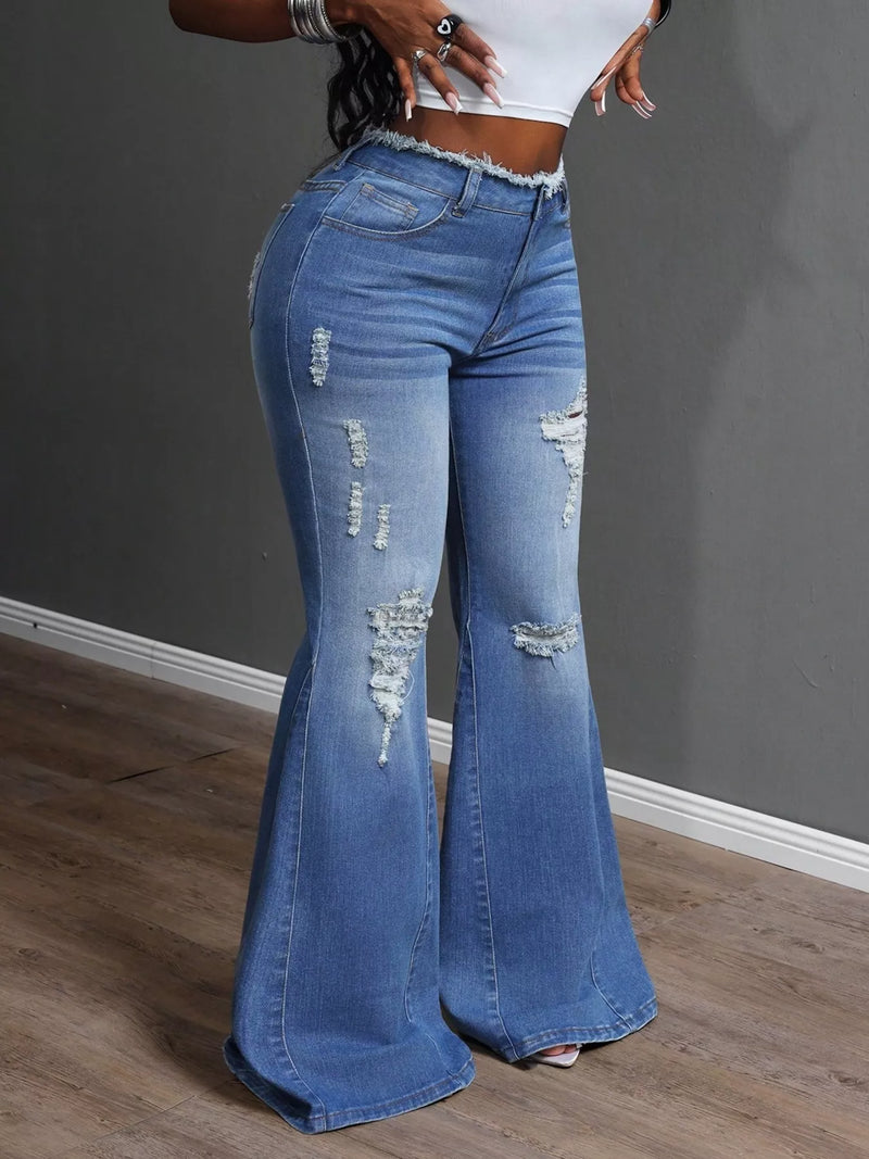 High Waisted Distressed Flare Jeans