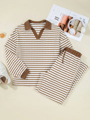 Stripe Collared Top and Drawstring Pant Set