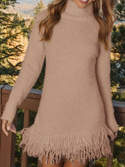 Fringe Turtleneck Long-Sleeve Sweater Dress