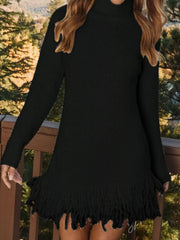 Fringe Turtleneck Long-Sleeve Sweater Dress