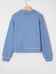 Stripe Quarter Zip Collar Long-Sleeve Top