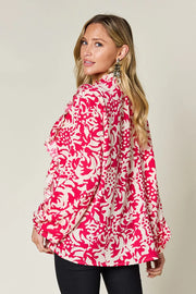 Printed Ruffle Trim Balloon Sleeve Shirt - Plus Size