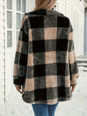 Button-Down Collared Neck Plaid Teddy Coat Pocketed