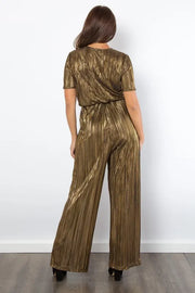 Be Stage Surplice Short-Sleeve Pleated Foil Jumpsuit