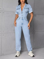 Button-Front Short-Sleeve Denim Jumpsuit