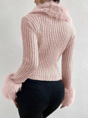 Faux Fur Trim Rib-Knit Cropped Cardigan