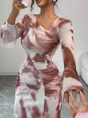 Asymmetrical Neck Long-Sleeve Maxi Dress