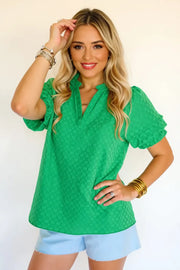 Frill Notched Puff Sleeve Blouse - Plus Size