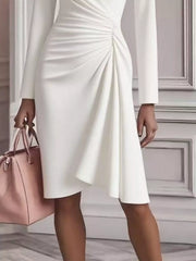 Front Ruched V-Neck Long-Sleeve Dress