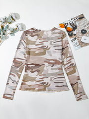Camouflage Print Mesh Long-Sleeve Top
