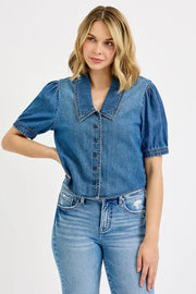 RISEN Button-Down Puff Sleeve Crop Denim Shirt