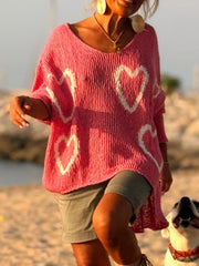 Heart V-Neck Drop-Shoulder Sweater