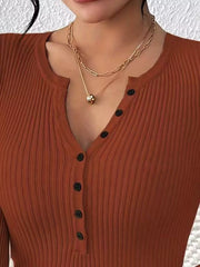 Rib-Knit Button-Front Knit Top