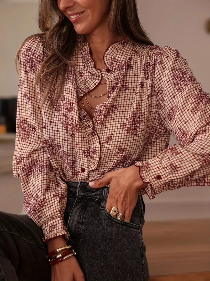 Frill Plaid Button-Up Shirt