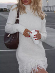 Fringe Turtleneck Long-Sleeve Sweater Dress