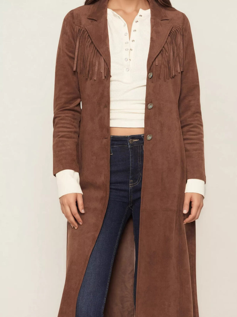 Fringe Lapel Collar Long Sleeve Coat