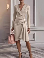 Front Ruched V-Neck Long-Sleeve Dress