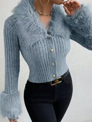 Faux Fur Trim Rib-Knit Cropped Cardigan