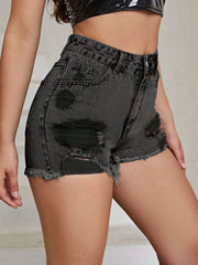 Distressed Raw Hem High-Rise Denim Shorts