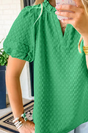 Frill Notched Puff Sleeve Blouse - Plus Size