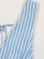Striped Pom-Pom Trim Tie-Front Sleeveless Mini Dress