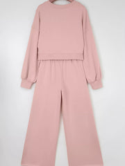 Drop-Shoulder Puff Sleeve Crop Top and Drawstring Wide-Leg Pants Set