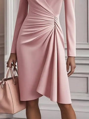 Front Ruched V-Neck Long-Sleeve Dress