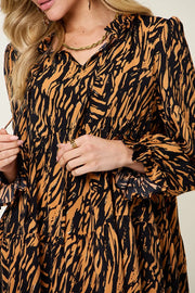 Double Take Full Size Printed Ruffle Hem Long Sleeve Dress Plus Size