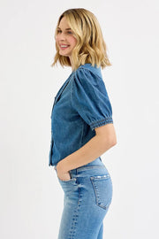 RISEN Button-Down Puff Sleeve Crop Denim Shirt