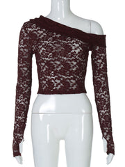 Lace One-Shoulder Long-Sleeve Top