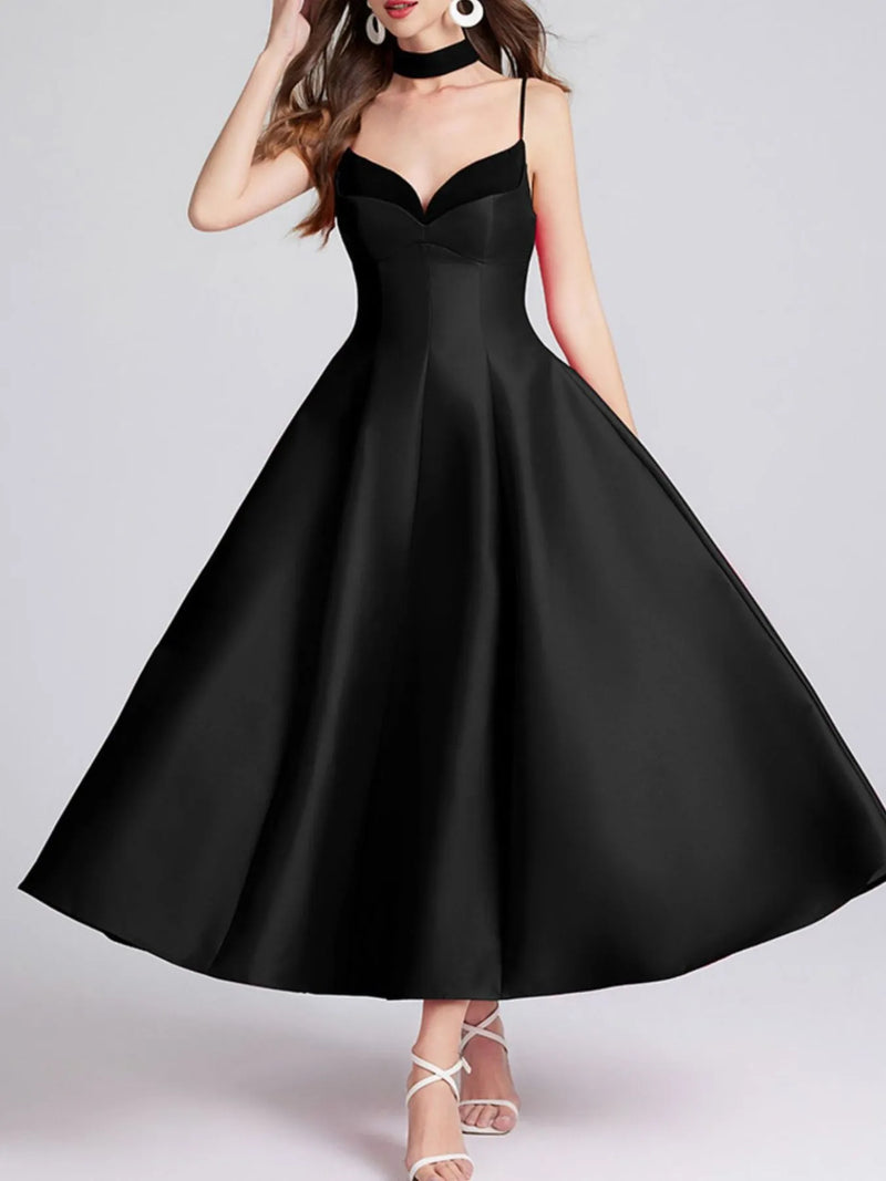 Sweetheart Spaghetti Strap Midi Dress with Collar