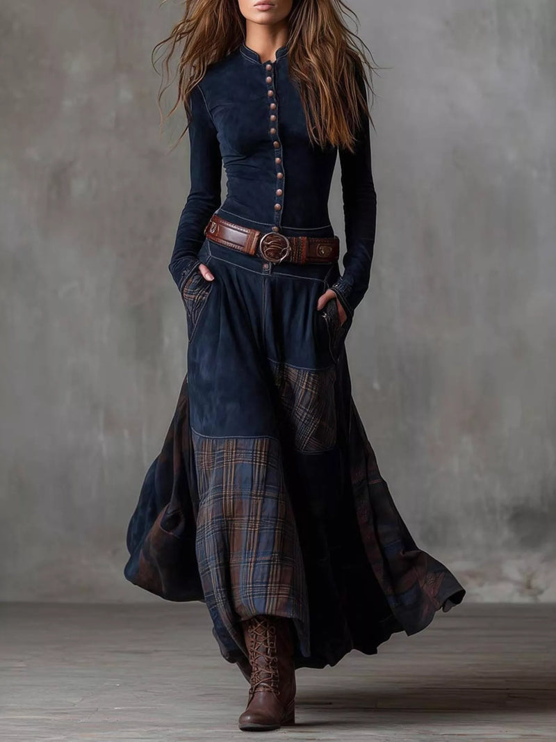Plaid Button-Front Long-Sleeve Dress - Plus Size
