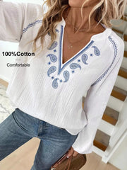 Paisley Pattern Notched Long-Sleeve Blouse