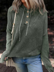 Mineral Wash Rib-Knit Button Drawstring Neck Hooded Sweater
